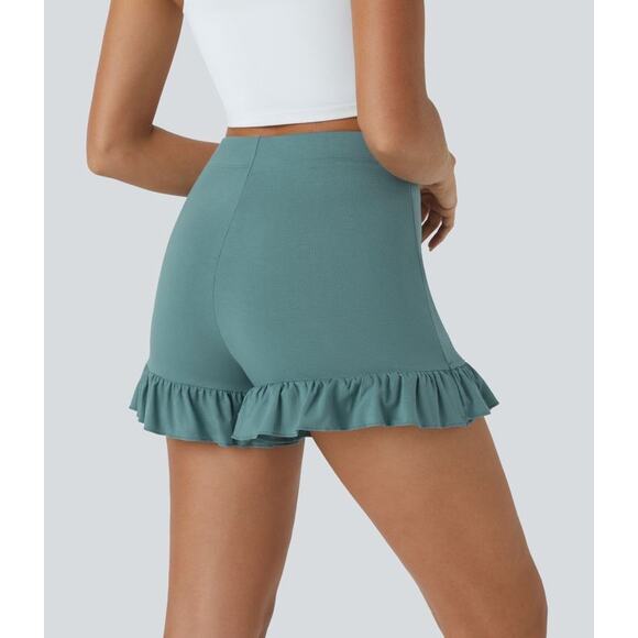 NEW Halara Teal High Waisted Tie Side Ruffle Hem Flowy Casual Comfy Shorts XL - Picture 2 of 10